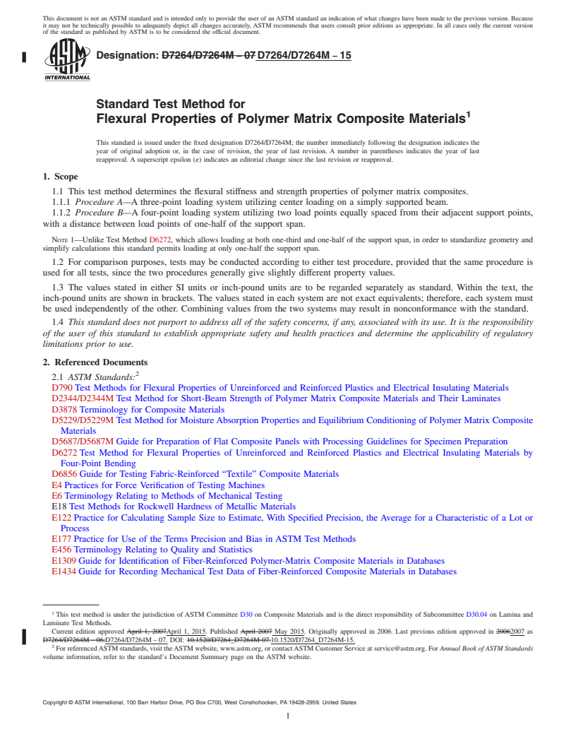 REDLINE ASTM D7264/D7264M-15 - Standard Test Method for  Flexural Properties of Polymer Matrix Composite Materials