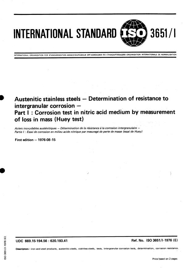 ISO 3651-1:1976 - Austenitic stainless steels -- Determination of resistance to intergranular corrosion