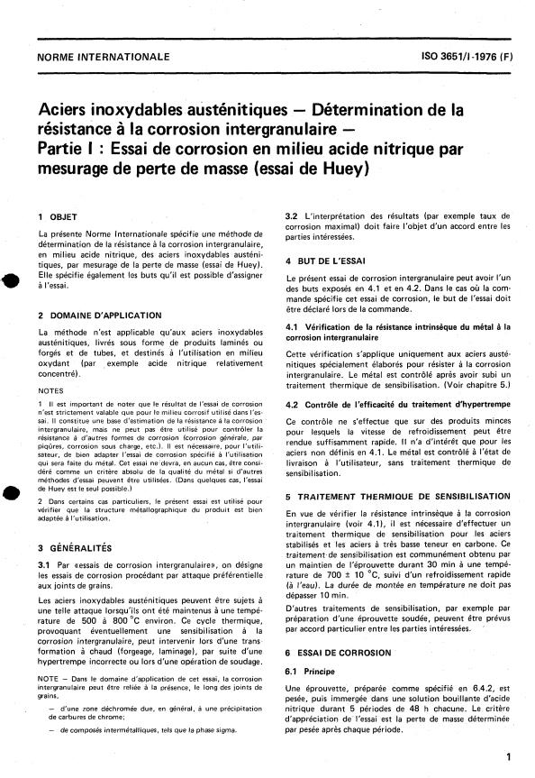 ISO 3651-1:1976 - Aciers inoxydables austénitiques -- Détermination de la résistance a la corrosion intergranulaire
