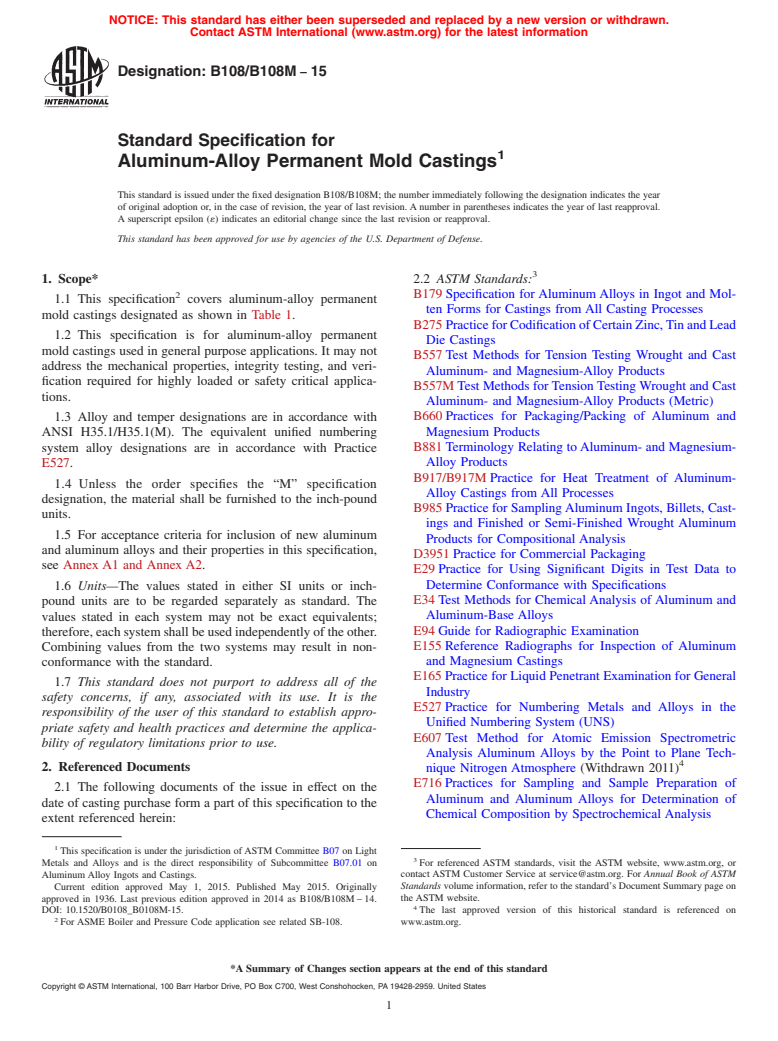 ASTM B108/B108M-15 - Standard Specification for  Aluminum-Alloy Permanent Mold Castings