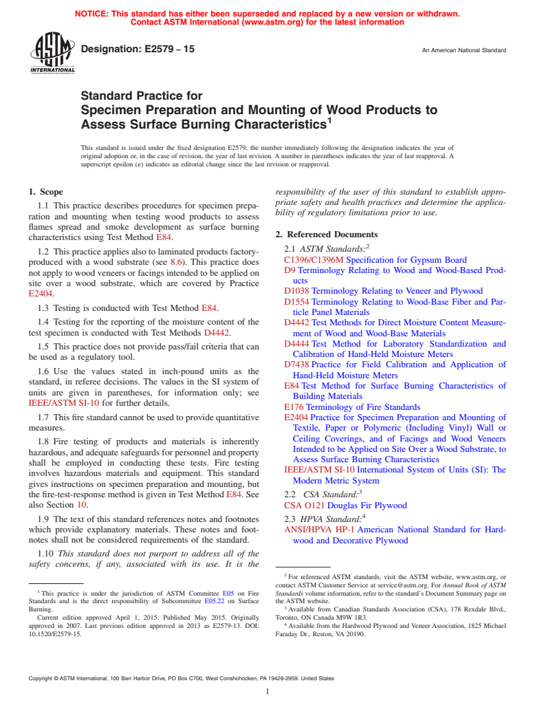 ASTM E2579-15 - Standard Practice for  Specimen Preparation and Mounting of Wood Products to Assess  Surface Burning Characteristics