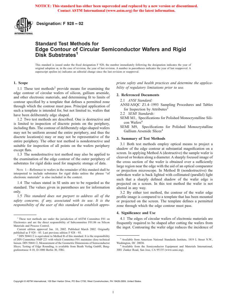 ASTM F928-02 - Standard Test Methods for Edge Contour of Circular Semiconductor Wafers and Rigid Disk Substrates (Withdrawn 2003)