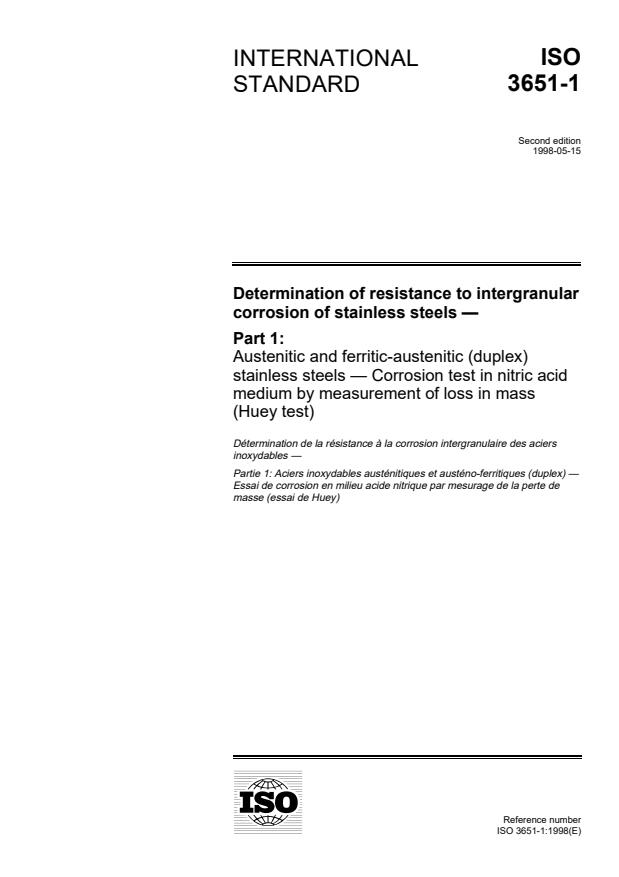 ISO 3651-1:1998 - Determination of resistance to intergranular corrosion of stainless steels