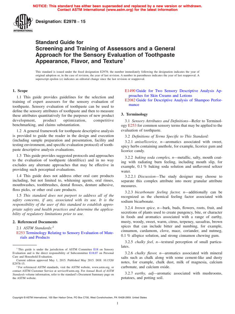 ASTM E2978-15 - Standard Guide for Screening and Training of Assessors and a General Approach  for the Sensory Evaluation of Toothpaste Appearance, Flavor, and Texture (Withdrawn 2023)