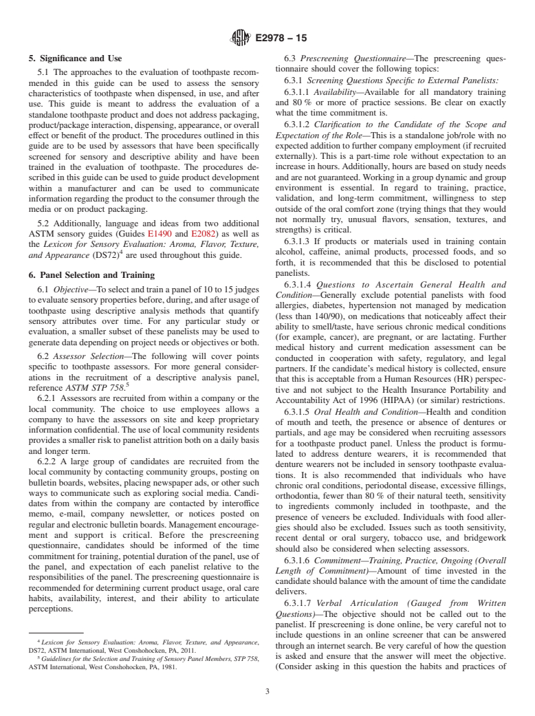 ASTM E2978-15 - Standard Guide for Screening and Training of Assessors and a General Approach  for the Sensory Evaluation of Toothpaste Appearance, Flavor, and Texture (Withdrawn 2023)