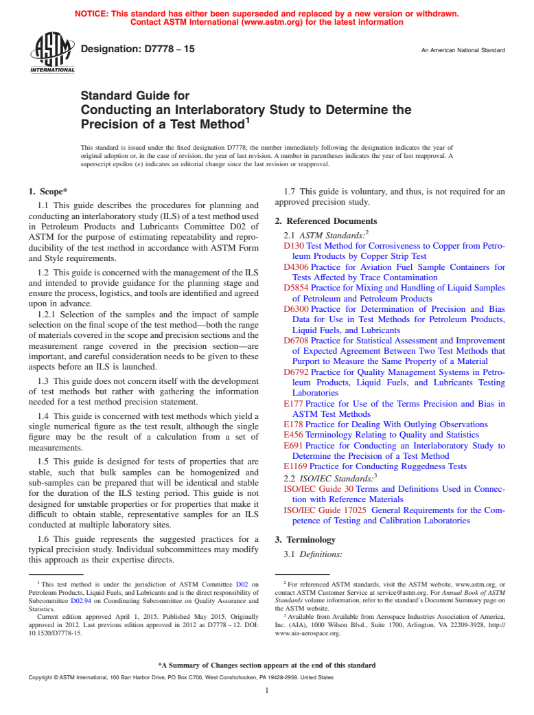 ASTM D7778-15 - Standard Guide for Conducting an Interlaboratory Study to Determine the Precision  of a Test Method