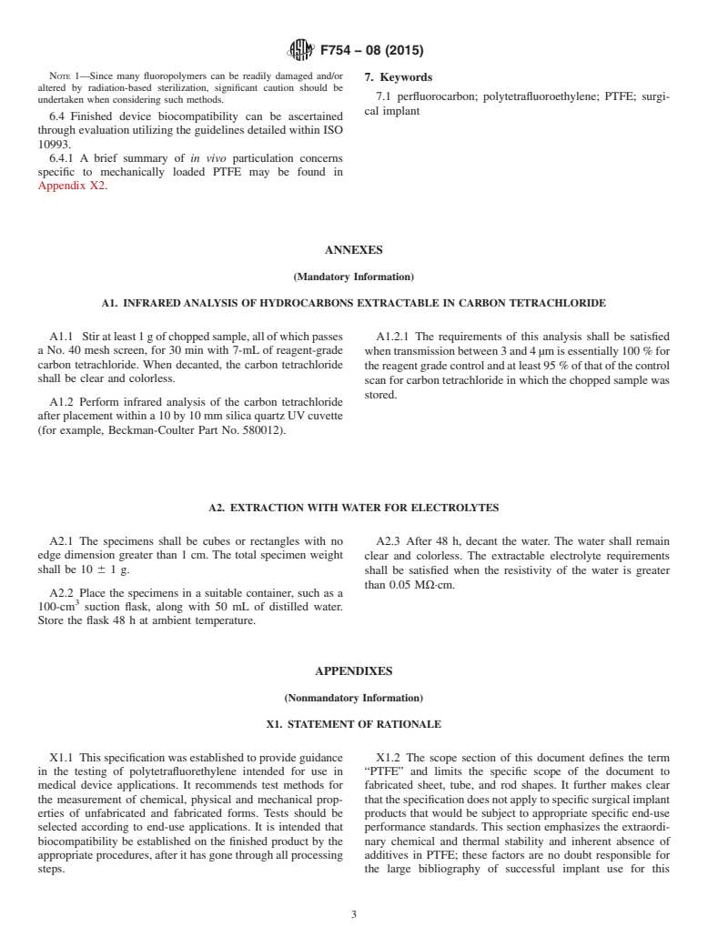 ASTM F754-08(2015) - Standard Specification for  Implantable Polytetrafluoroethylene (PTFE) Sheet, Tube, and  Rod Shapes Fabricated from Granular Molding Powders