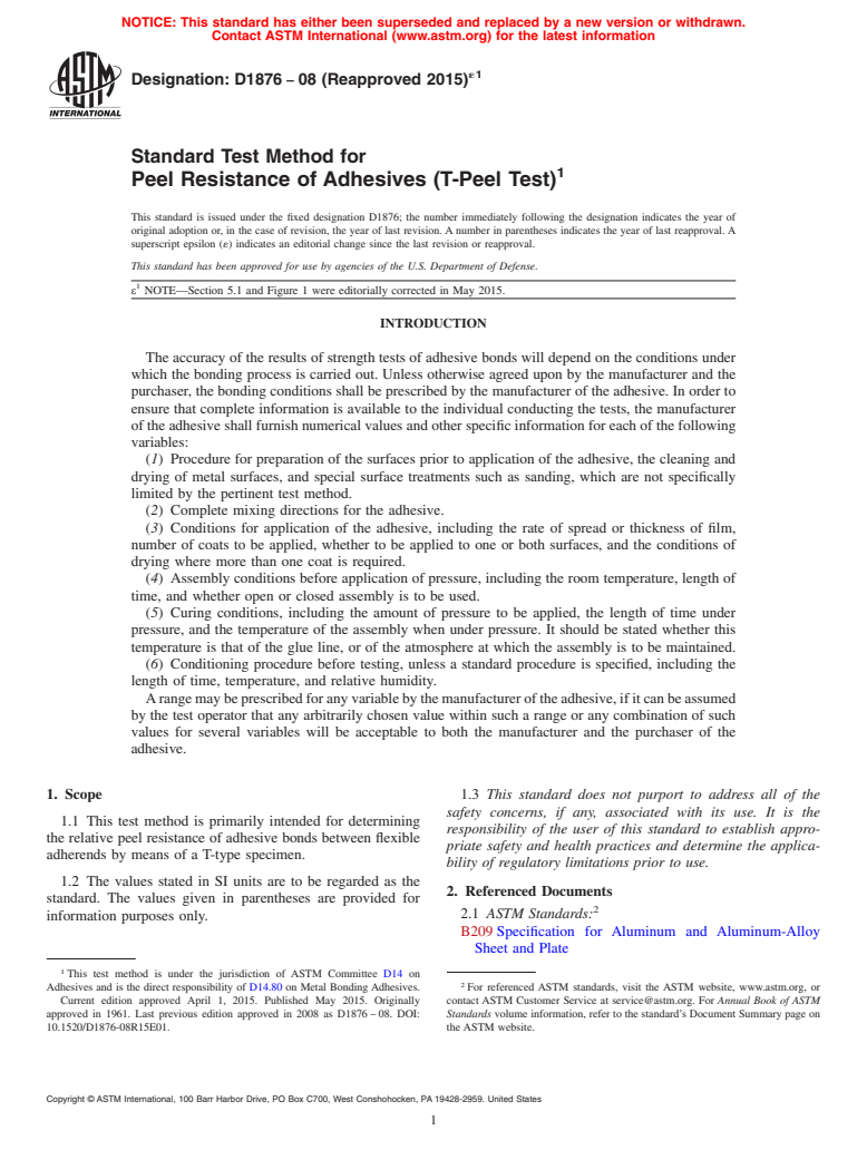 ASTM D1876-08(2015)e1 - Standard Test Method for Peel Resistance of Adhesives (T-Peel Test)