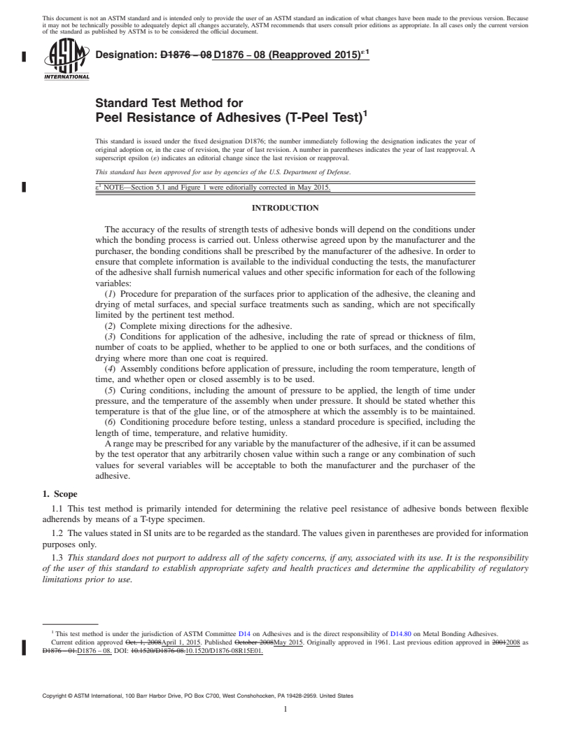 REDLINE ASTM D1876-08(2015)e1 - Standard Test Method for Peel Resistance of Adhesives (T-Peel Test)