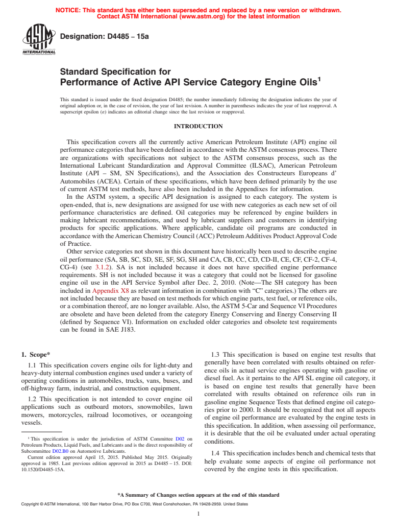 ASTM D4485-15a - Standard Specification for  Performance of Active API Service Category Engine Oils