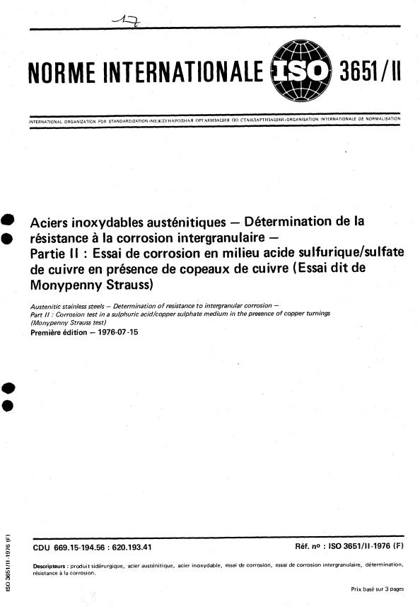 ISO 3651-2:1976 - Aciers inoxydables austénitiques -- Détermination de la résistance a la corrosion intergranulaire