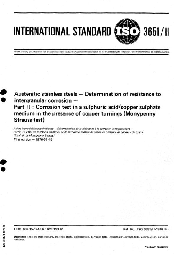 ISO 3651-2:1976 - Austenitic stainless steels -- Determination of resistance to intergranular corrosion