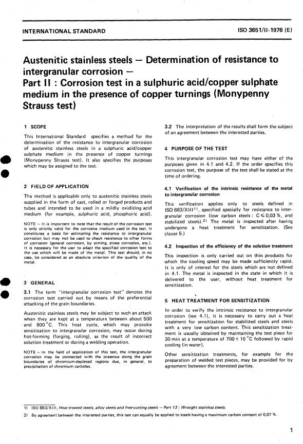 ISO 3651-2:1976 - Austenitic stainless steels -- Determination of resistance to intergranular corrosion