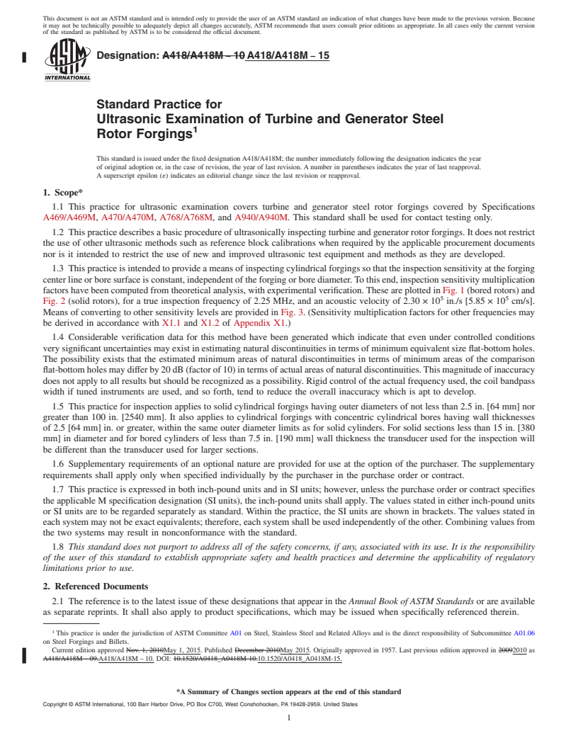 REDLINE ASTM A418/A418M-15 - Standard Practice for Ultrasonic Examination of Turbine and Generator Steel Rotor  Forgings