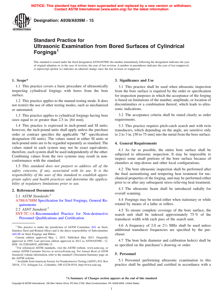 ASTM A939/A939M-15 - Standard Practice for Ultrasonic Examination from Bored Surfaces of Cylindrical Forgings