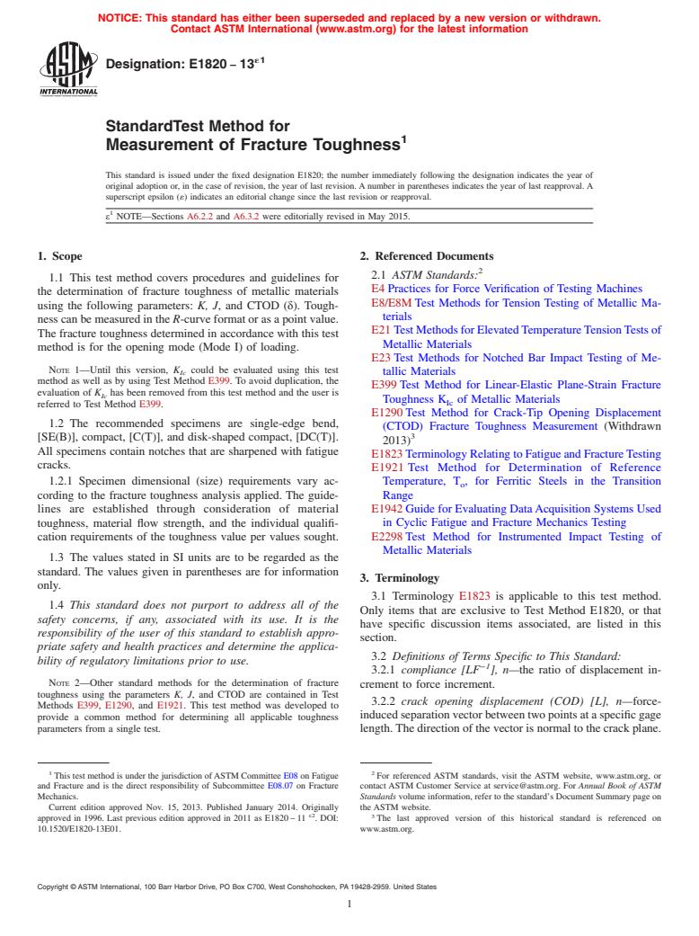 ASTM E1820-13e1 - Standard Test Method for  Measurement of Fracture Toughness