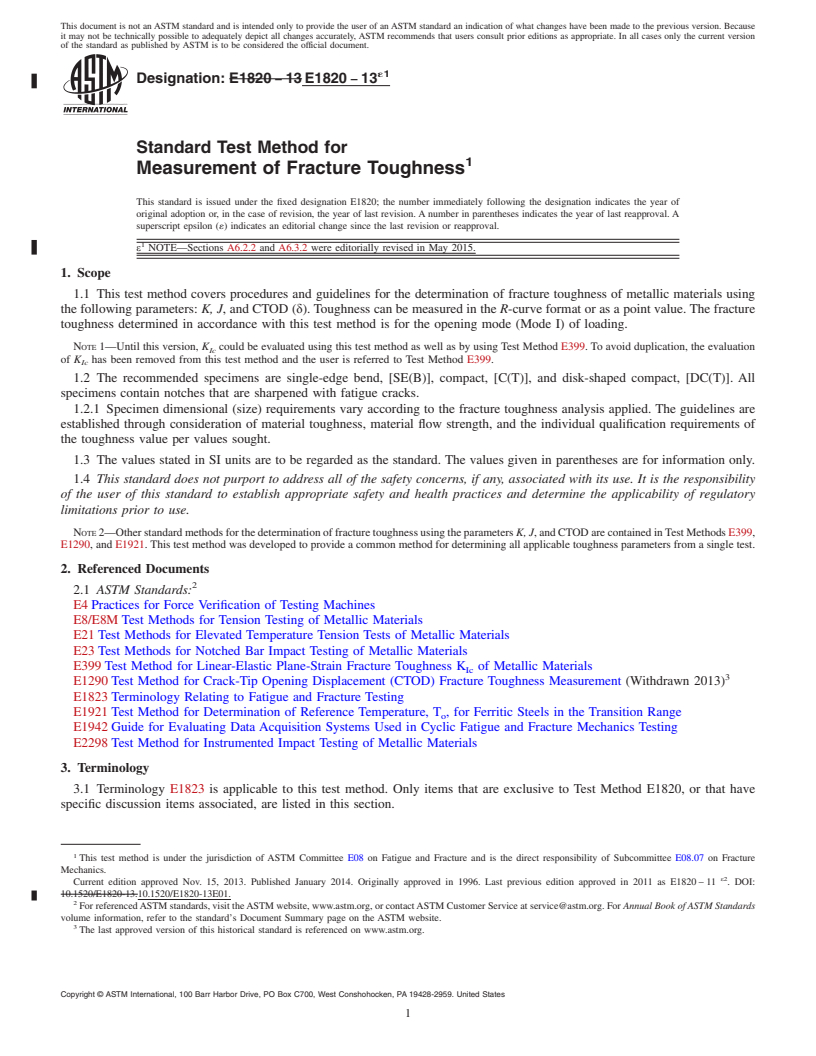 REDLINE ASTM E1820-13e1 - Standard Test Method for  Measurement of Fracture Toughness