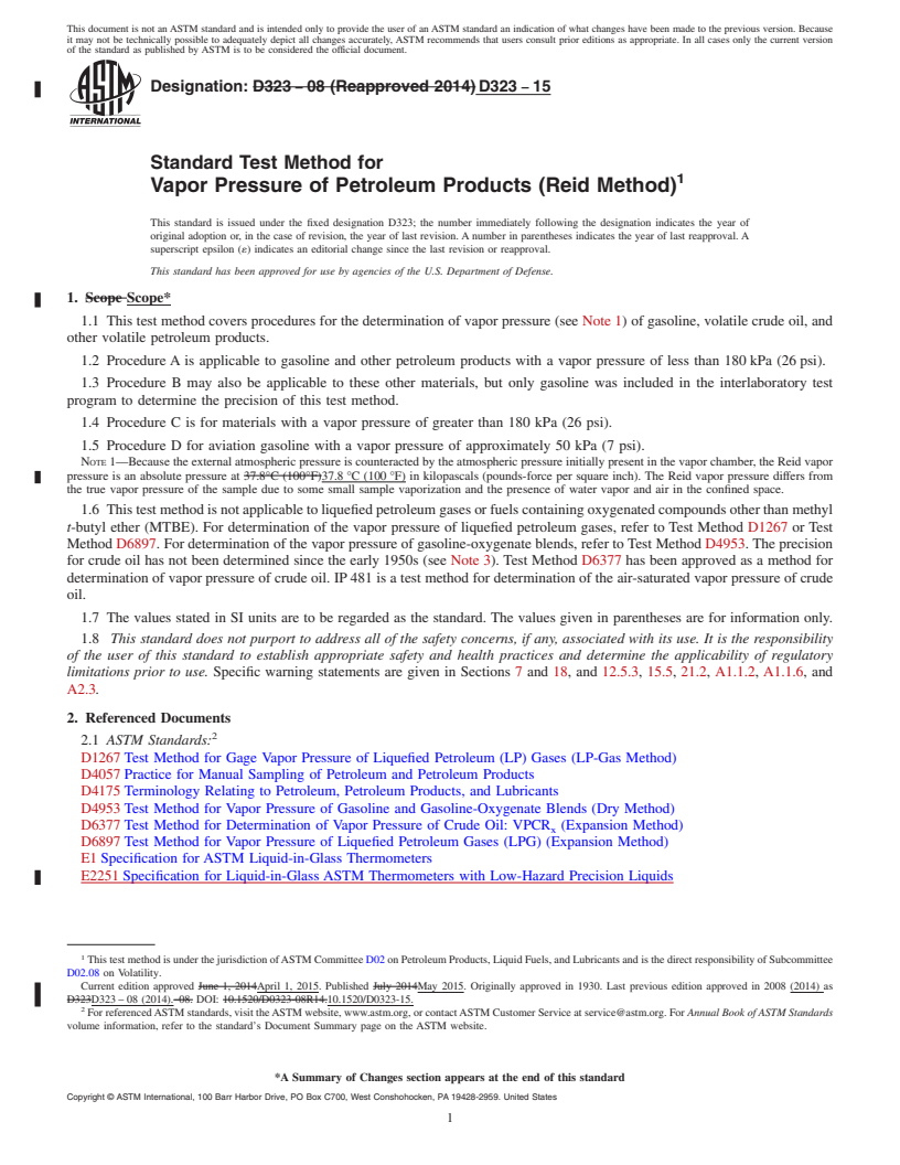 REDLINE ASTM D323-15 - Standard Test Method for  Vapor Pressure of Petroleum Products (Reid Method)
