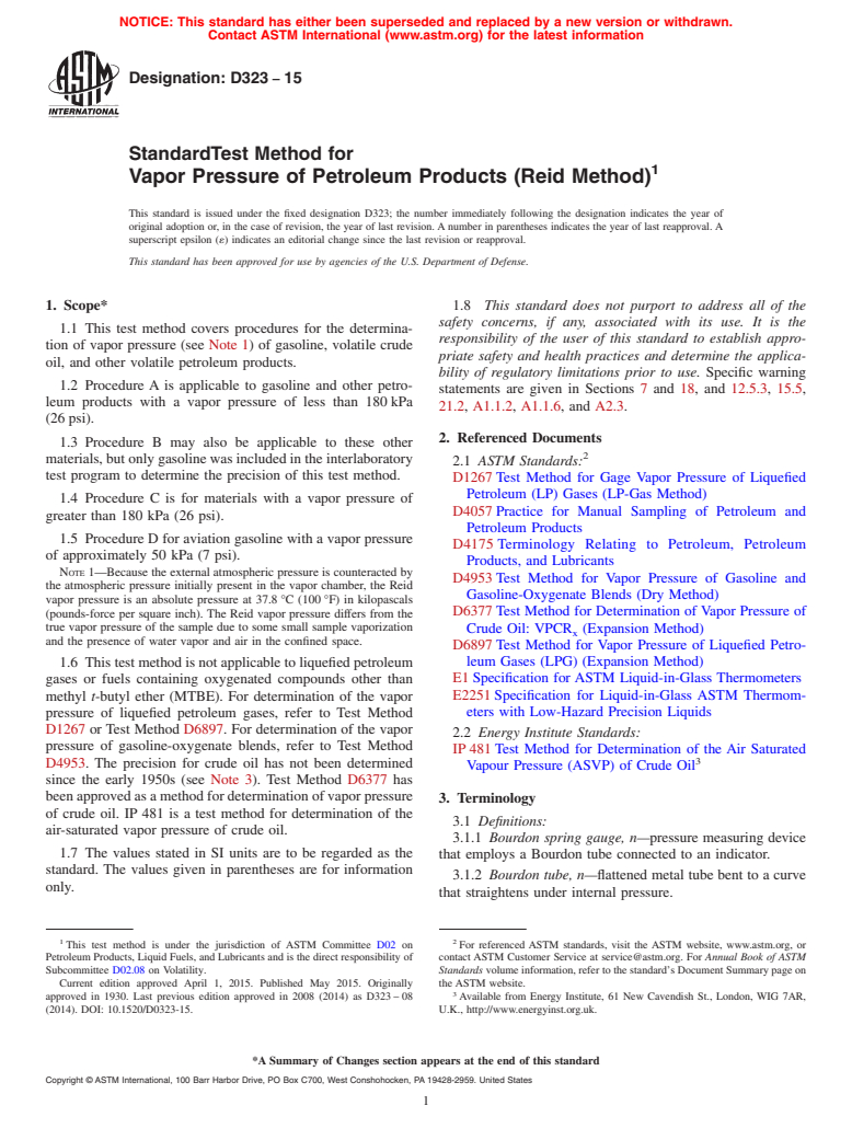 ASTM D323-15 - Standard Test Method for  Vapor Pressure of Petroleum Products (Reid Method)