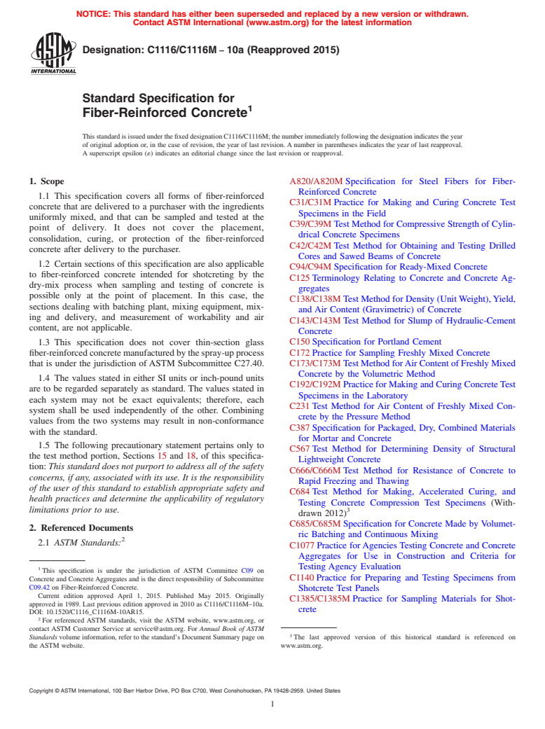 ASTM C1116/C1116M-10a(2015) - Standard Specification for  Fiber-Reinforced Concrete