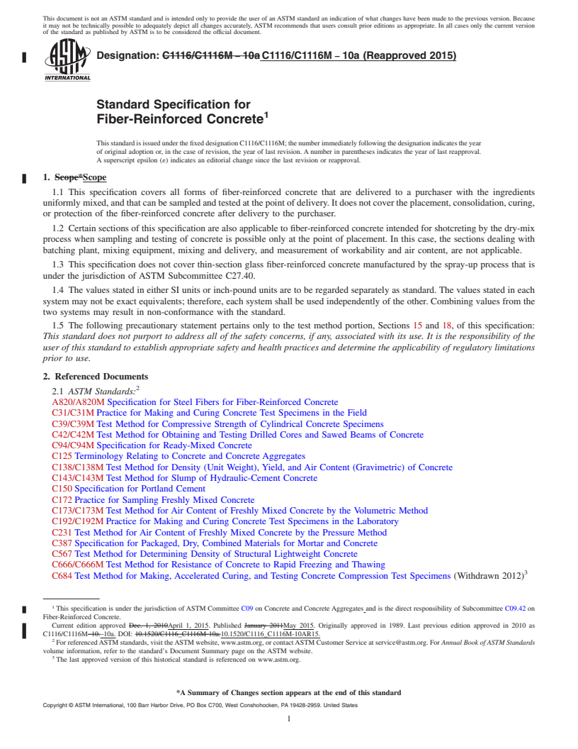 REDLINE ASTM C1116/C1116M-10a(2015) - Standard Specification for  Fiber-Reinforced Concrete