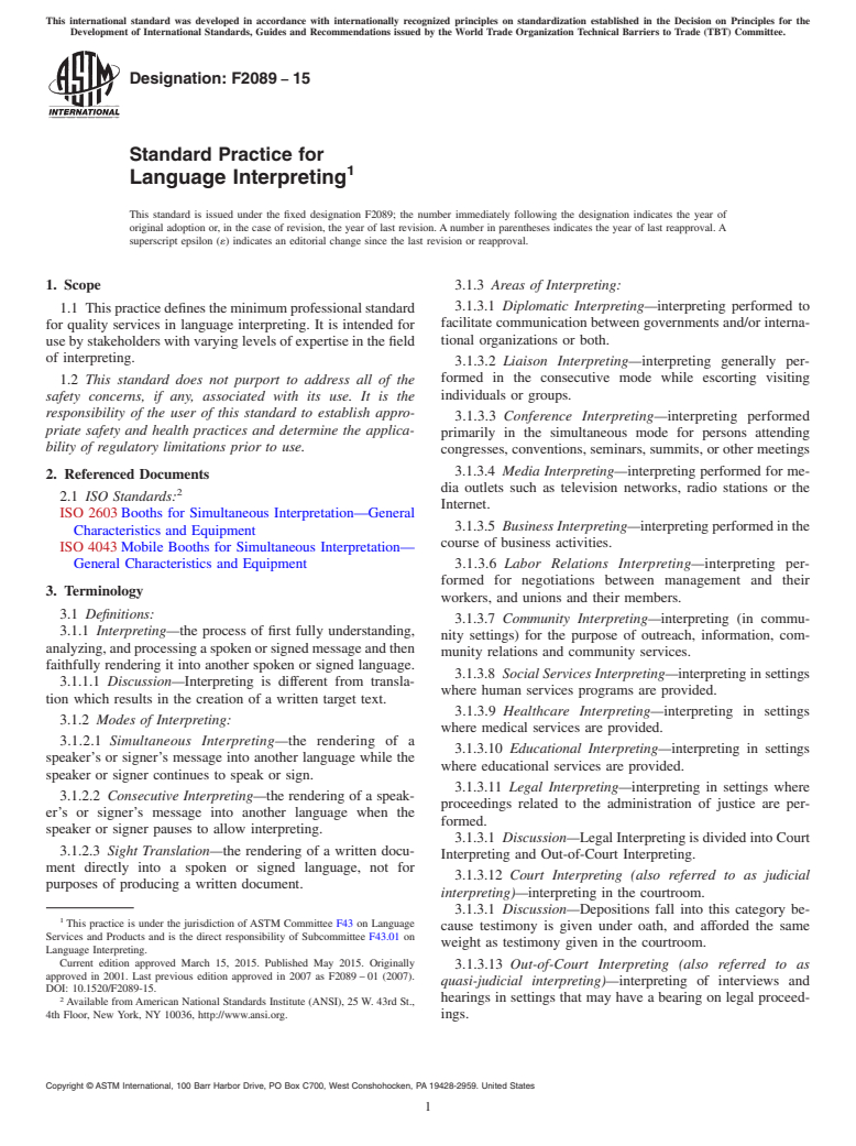 ASTM F2089-15 - Standard Practice for Language Interpreting