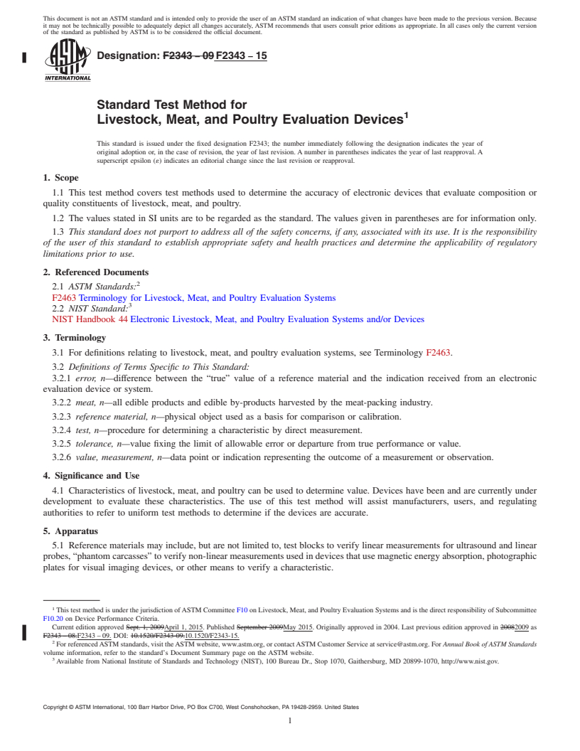 REDLINE ASTM F2343-15 - Standard Test Method for Livestock, Meat, and Poultry Evaluation Devices