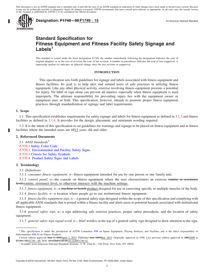 REDLINE ASTM F1749-15 - Standard Specification for Fitness Equipment and Fitness Facility Safety Signage and Labels