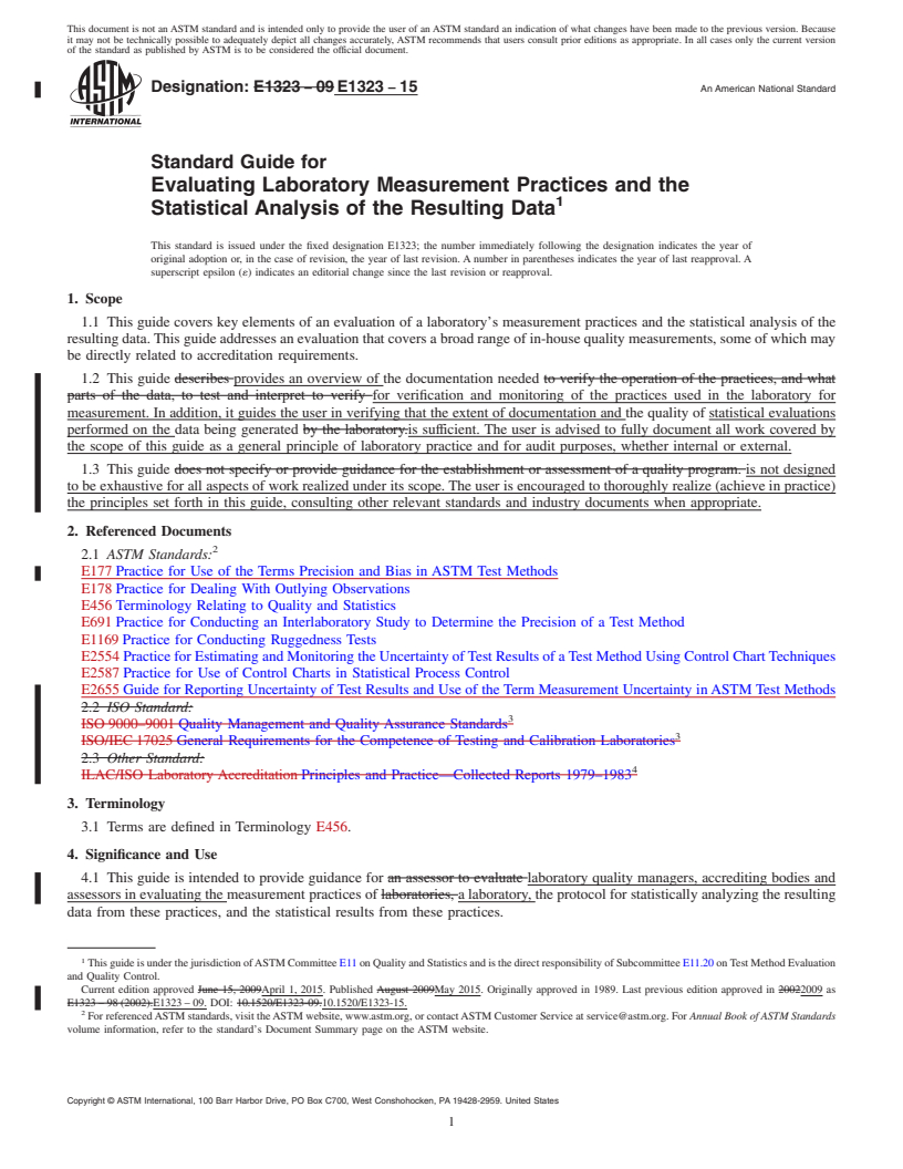 REDLINE ASTM E1323-15 - Standard Guide for  Evaluating Laboratory Measurement Practices and the Statistical  Analysis of the Resulting Data