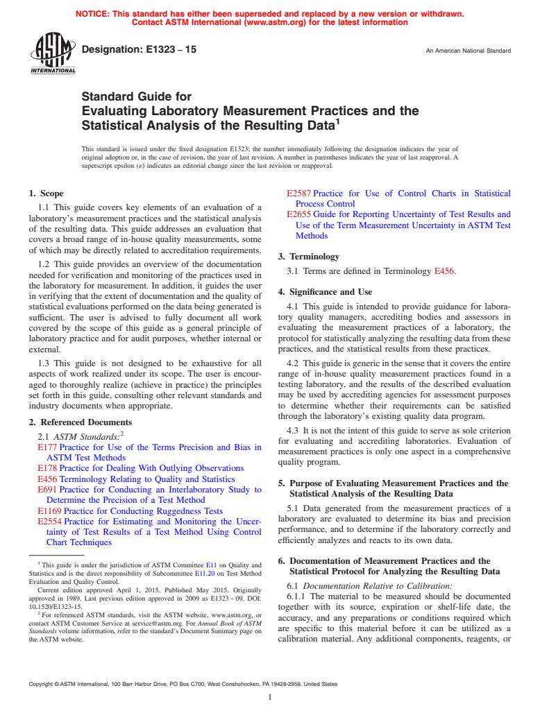 ASTM E1323-15 - Standard Guide for  Evaluating Laboratory Measurement Practices and the Statistical  Analysis of the Resulting Data