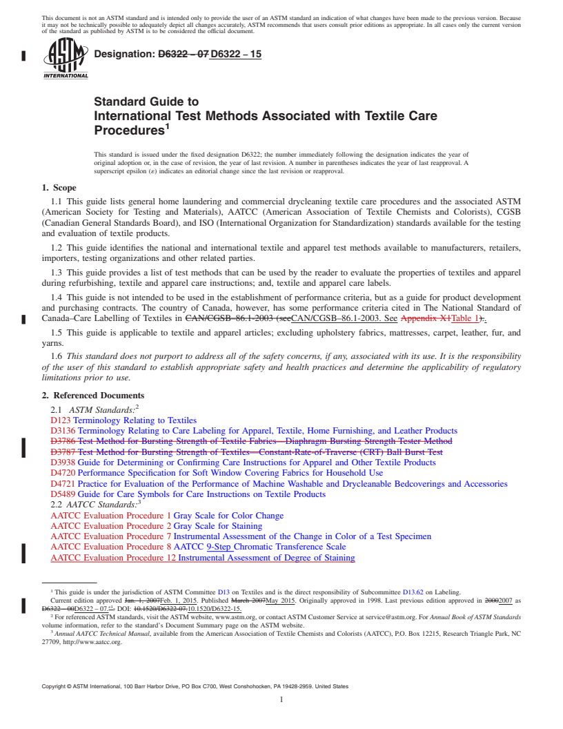 REDLINE ASTM D6322-15 - Standard Guide to  International Test Methods Associated with Textile Care Procedures