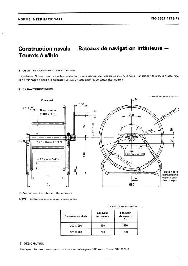 ISO 3652:1975 - Construction navale -- Bateaux de navigation intérieure -- Tourets a câble