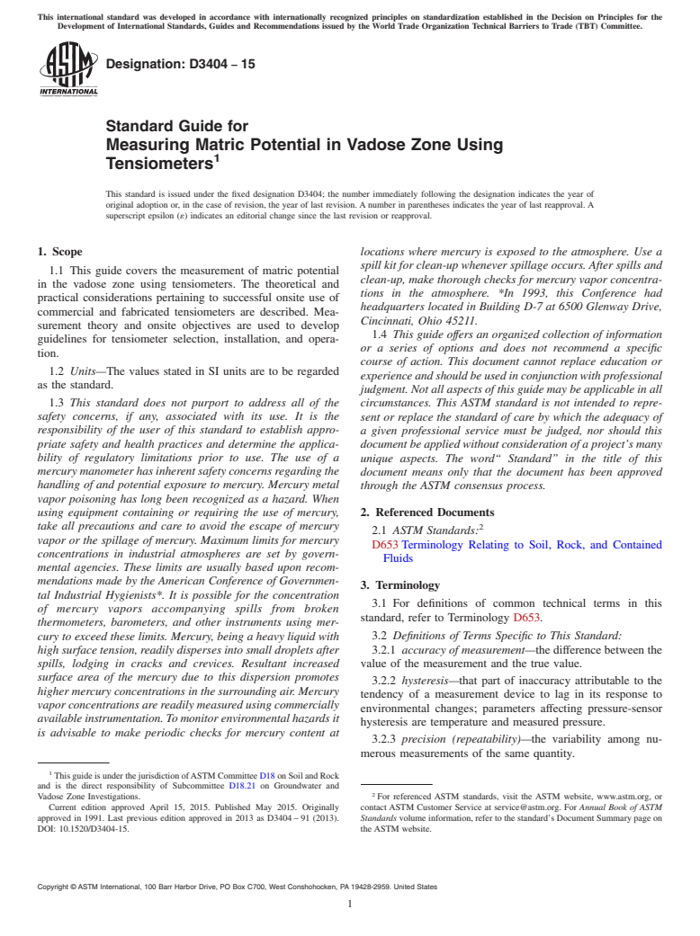 ASTM D3404-15 - Standard Guide for  Measuring Matric Potential in Vadose Zone Using Tensiometers