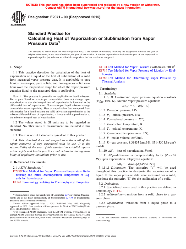 ASTM E2071-00(2015) - Standard Practice for Calculating Heat of Vaporization or Sublimation from Vapor  Pressure Data