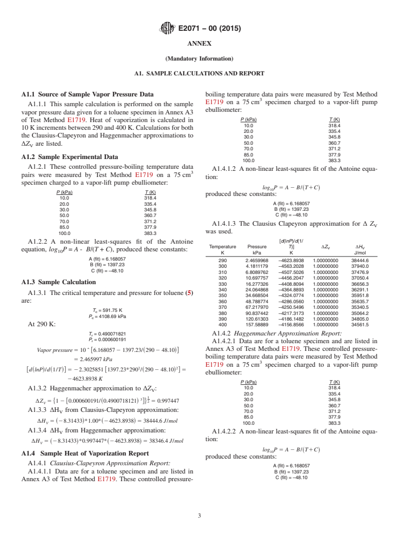 ASTM E2071-00(2015) - Standard Practice for Calculating Heat of Vaporization or Sublimation from Vapor  Pressure Data