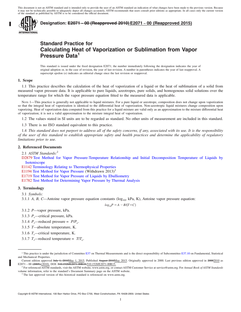 REDLINE ASTM E2071-00(2015) - Standard Practice for Calculating Heat of Vaporization or Sublimation from Vapor  Pressure Data