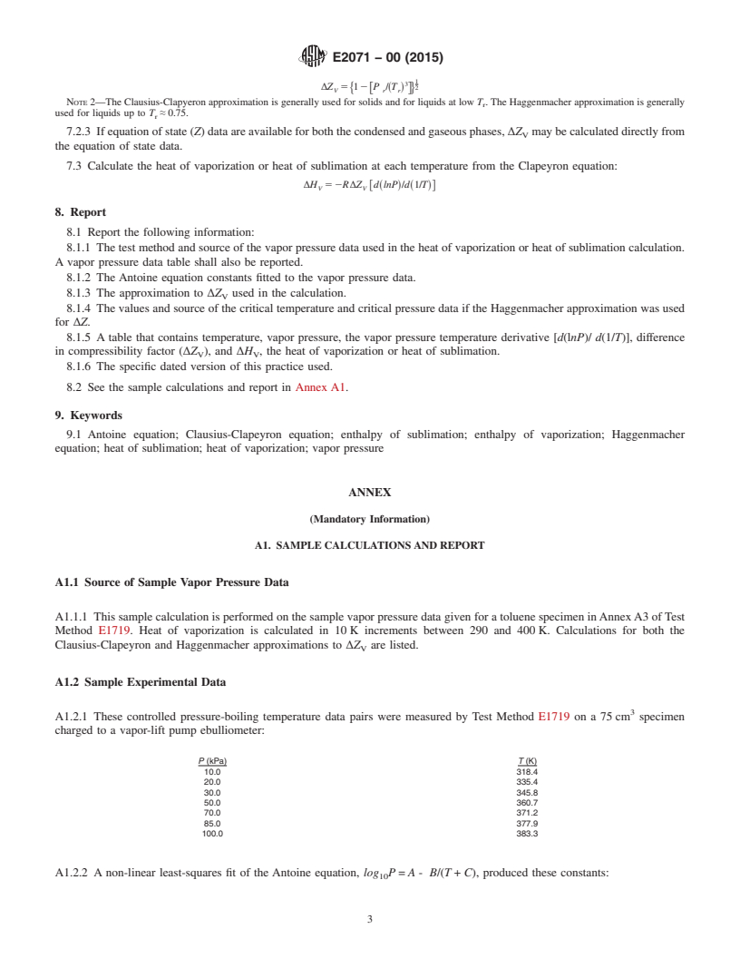 REDLINE ASTM E2071-00(2015) - Standard Practice for Calculating Heat of Vaporization or Sublimation from Vapor  Pressure Data