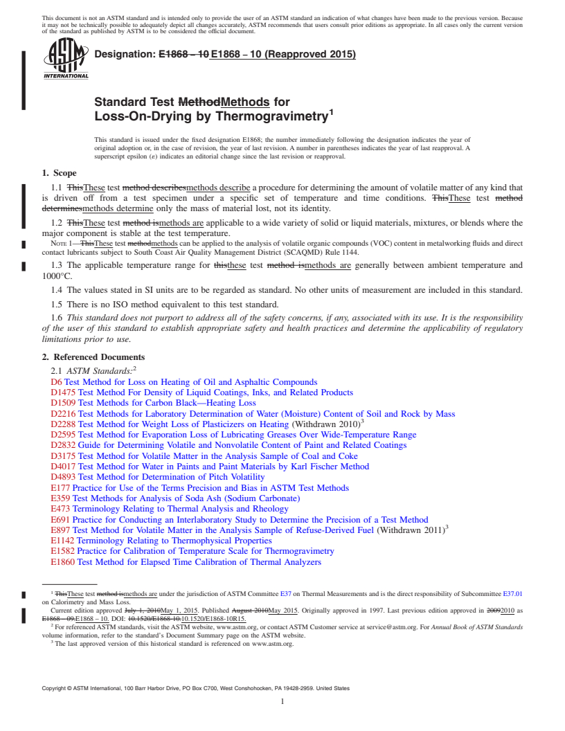 REDLINE ASTM E1868-10(2015) - Standard Test Methods for  Loss-On-Drying by Thermogravimetry