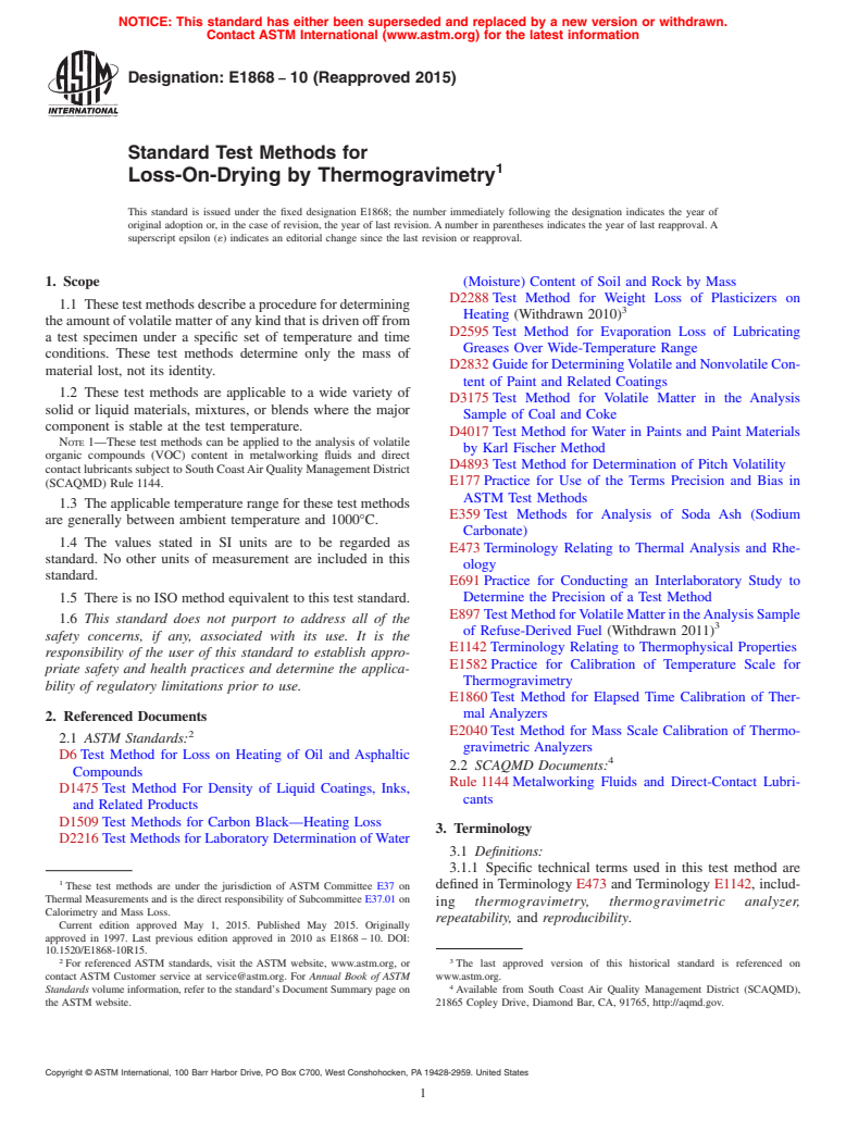 ASTM E1868-10(2015) - Standard Test Methods for  Loss-On-Drying by Thermogravimetry