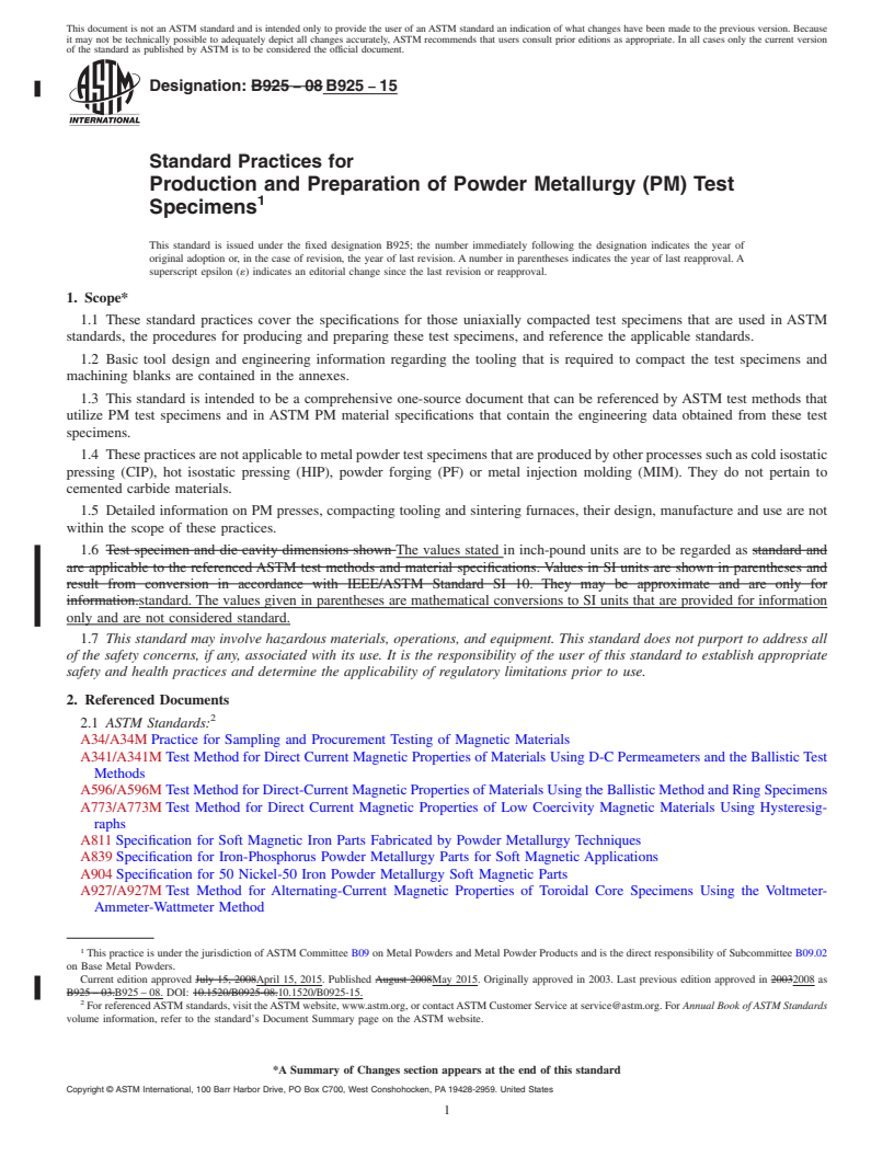 REDLINE ASTM B925-15 - Standard Practices for  Production and Preparation of Powder Metallurgy (PM) Test Specimens