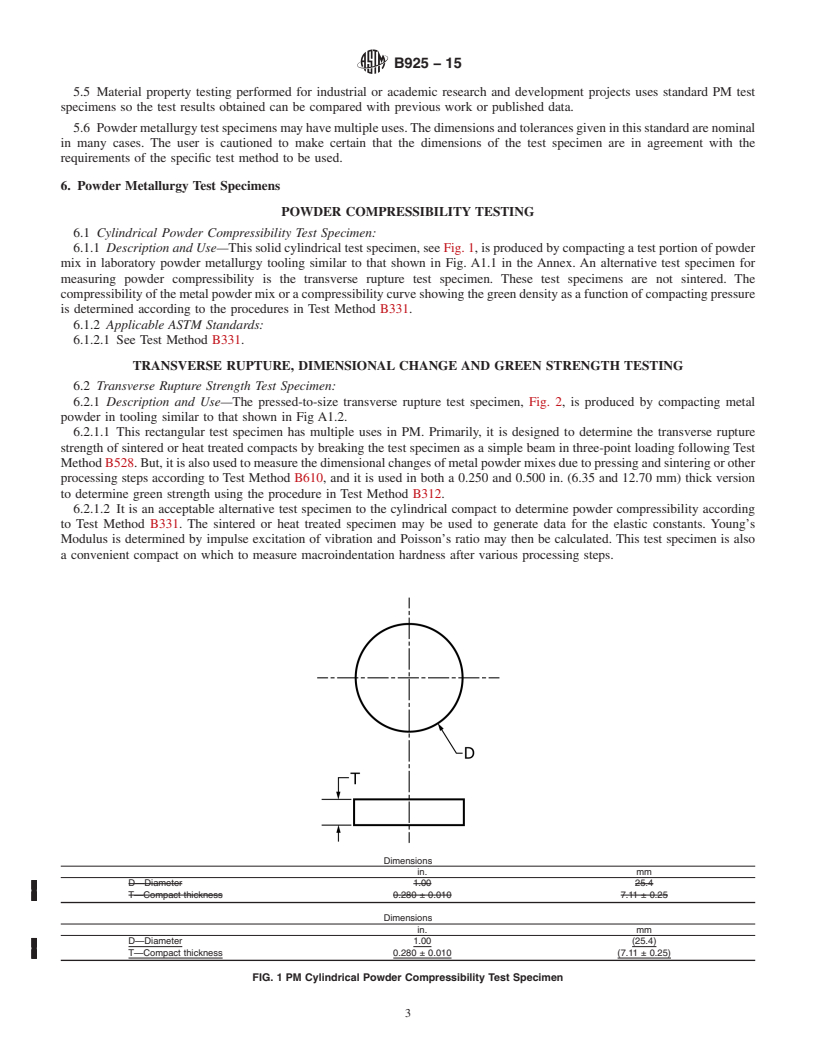 REDLINE ASTM B925-15 - Standard Practices for  Production and Preparation of Powder Metallurgy (PM) Test Specimens