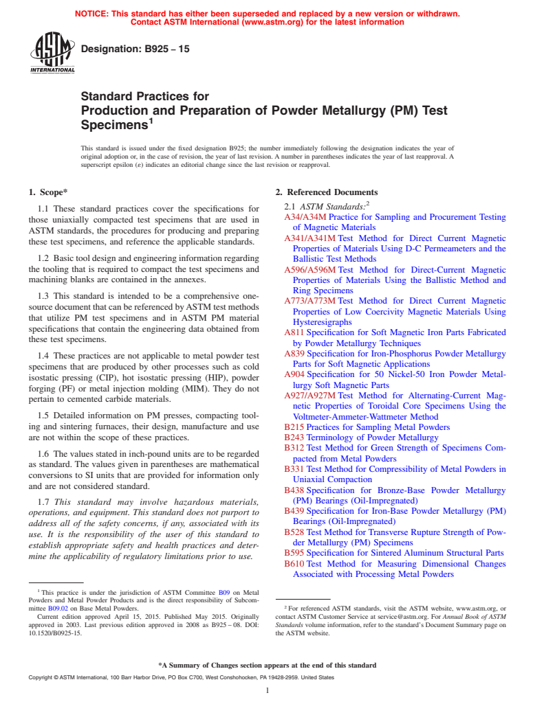 ASTM B925-15 - Standard Practices for  Production and Preparation of Powder Metallurgy (PM) Test Specimens
