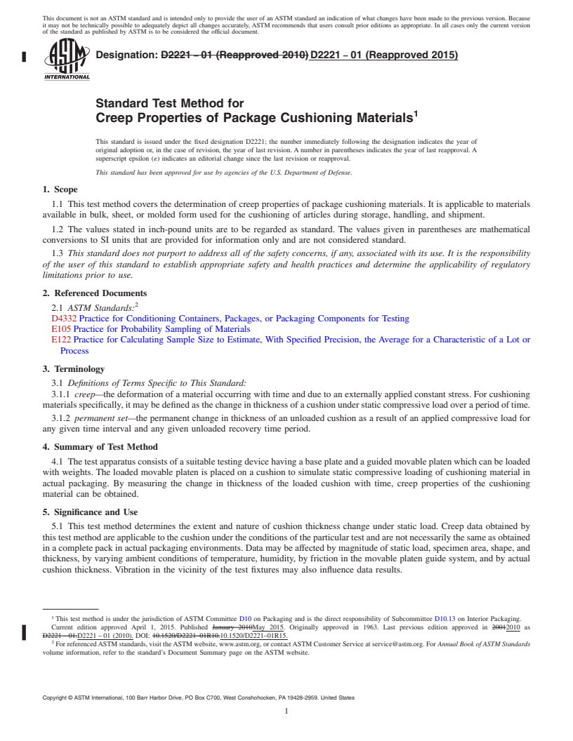 REDLINE ASTM D2221-01(2015) - Standard Test Method for Creep Properties of Package Cushioning Materials