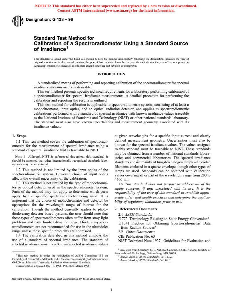 ASTM G138-96 - Standard Test Method for Calibration of a Spectroradiometer Using a Standard Source of Irradiance