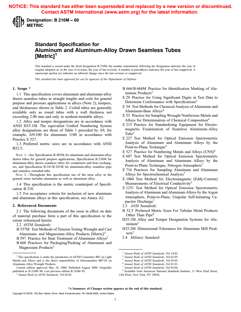 ASTM B210M-00 - Standard Specification for Aluminum and Aluminum-Alloy Drawn Seamless Tubes [Metric]