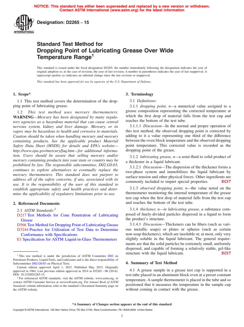 ASTM D2265-15 - Standard Test Method for  Dropping Point of Lubricating Grease Over Wide Temperature   Range