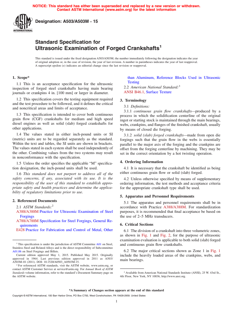 ASTM A503/A503M-15 - Standard Specification for Ultrasonic Examination of Forged Crankshafts