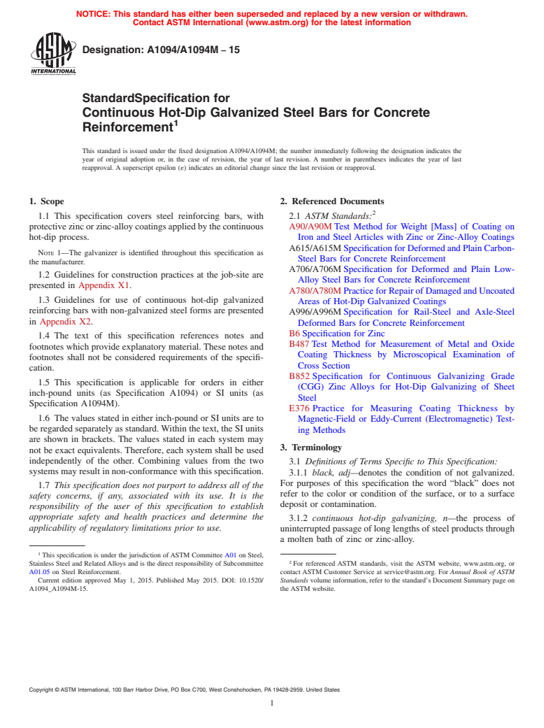 ASTM A1094/A1094M-15 - Standard Specification for Continuous Hot-Dip Galvanized Steel Bars for Concrete Reinforcement