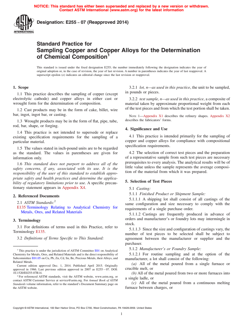 ASTM E255-07(2014) - Standard Practice for  Sampling Copper and Copper Alloys for the Determination of  Chemical    Composition (Withdrawn 2023)