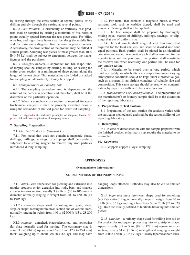 ASTM E255-07(2014) - Standard Practice for  Sampling Copper and Copper Alloys for the Determination of  Chemical    Composition (Withdrawn 2023)